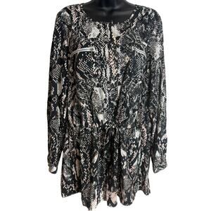 INC International Concepts Blouse 14 Snake Print Drawstring Waist Long Sleeve